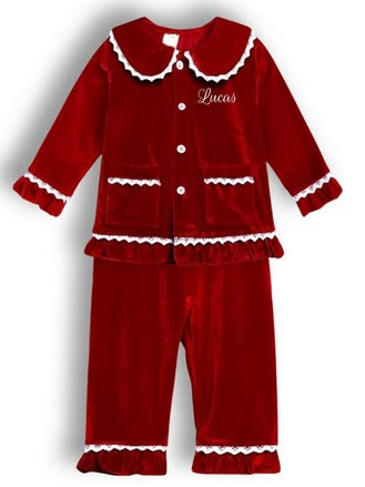 Red Girls Velvet Frill Pjs