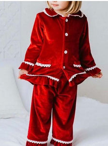 Red Girls Velvet Frill Pjs